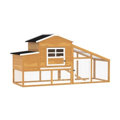 Imagen de PawHut Gallinero de Madera Exterior Jaula para 2 4 Gallinas con Corral Alambre Techos Asfálticos Nido Bandeja Extraíble y Rampa 200x80x105 cm Marrón