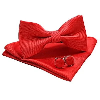 Imagen de JEMYGINS Conjunto de Pajarita y Pañuelo Sólido con Gemelos para Hombre Rojo 2