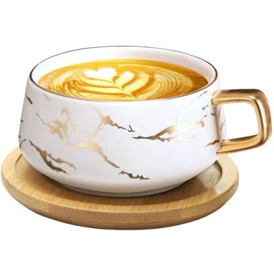 Imagen de VETIN juego de té café, taza café y platillo porcelana, patrón mármol, estilo nórdico, tazas té, británicas, cerámica, con leche,