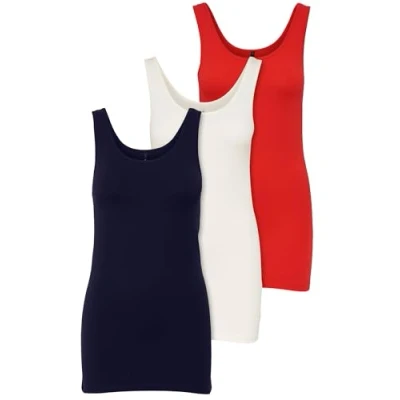 Imagen de ONLY 15201465 Paquete de 3 camisetas básicas sin mangas para mujer, color blanco, negro, gris, azul y crema, camiseta larga verano, Farbmix 5, S