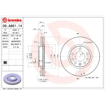 Imagen de BREMBO 09.A861.14 Disco de freno 278 26 5 ventilación interna altamente carbonizado OPEL: Corsa D Hatchback