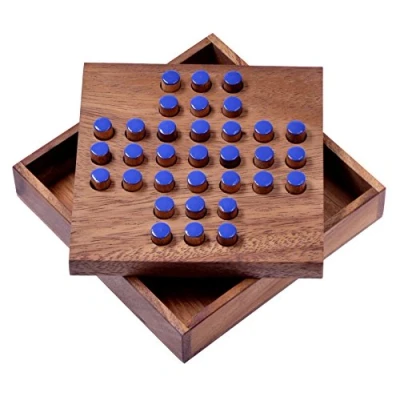 Imagen de LOGOPLAY Solitaire tamaño L Juego de Tapones adivinanzas Paciencia lógica Hecho Madera Azules, Caja marrón 111 x 113 33 mm