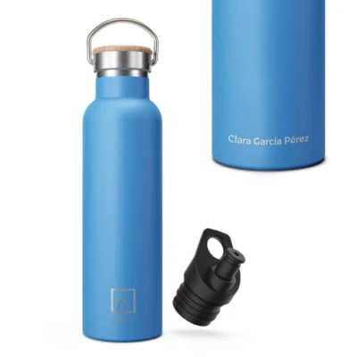 Imagen de NUMADA Botella Personalizada con Nombre 600ml de Acero Inoxidable Azul Estanca Recubrimiento CerámicoFrío 24H y Calor 12HBoca AnchaLibre BPAIncluye 2 Tapones (1 Sport)/Bolsa Transporte