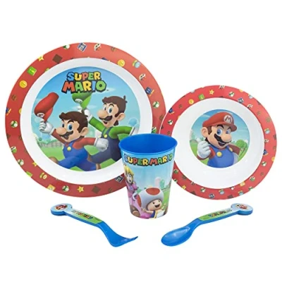 Imagen de Set vajilla infantil reutilizable apta para microondas compuesta por vaso, plato, cuenco y cubiertos de Super Mario