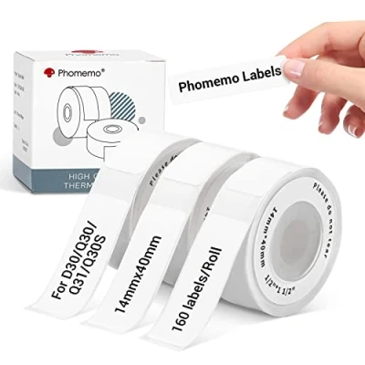 Imagen de Phomemo D30 Q30S Etiquetas, Etiquetas Blancas Autoadhesivas para Impresora de Q30S, Q30, D30, 14 x 40mm, 160 por Rollo, 3 Rollos