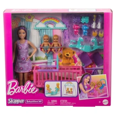 Imagen de Barbie Muñeca Skipper Canguro de Gemelos con Vestido Morado Corazones, Cuna, Columpio y Accesorios Juego para bebés, Juguete +4 años (HXM99)