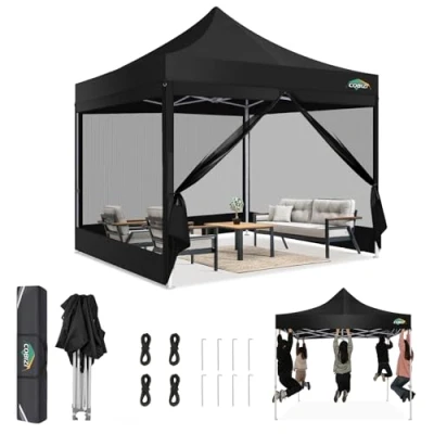 Imagen de COBIZI Carpa Plegable 3x3 con Mosquitera Pared Lateral,Impermeable Plegable,Carpas para Exteriores Pergola,Cenadores Jardin Camping Playa Bolsa de Transporte(3 por 3m Negro)