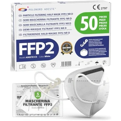 Imagen de ADESTE 50 Mascarillas FFP2 Blancas con Certificado CE, cadena controlada, elásticos cómodos, hipoalergénicos y regulables. Seguras: potencia de filtrado BFE &gt;99,5%. Sobres individuales sellados