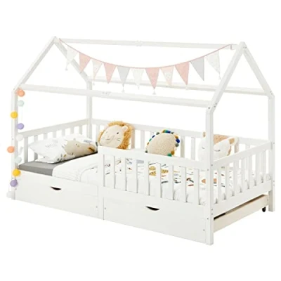 Imagen de IDIMEX cama de cabaña NUNA infantil individual Montessori madera, 90 x 200 cm, con almacenamiento 2 cajones, pino macizo barnizado, color blanco