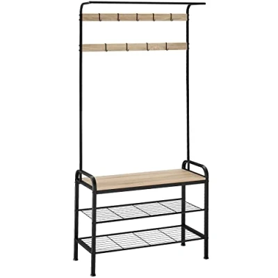 Imagen de TecTake Perchero con 9 Ganchos Extraíbles, Banco Zapatero Asiento, 3 Estantes, Altura 184 cm, Metal para Pasillo (Madera Industrial Clara, Roble Sonoma)