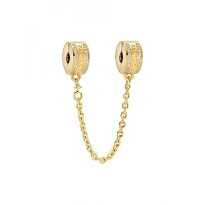 Imagen de PANDORA Signature Cadena de seguridad con logotipo chapada en oro 14 quilates circonitas cúbicas transparentes y agarre silicona