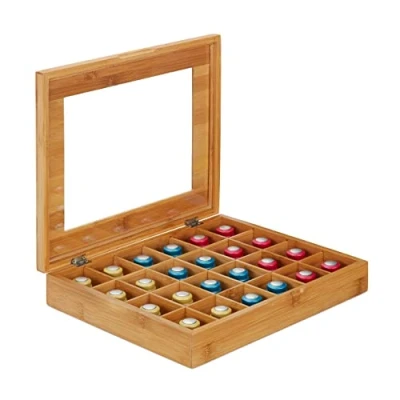 Imagen de Relaxdays Caja para té e infusiones, 24 compartimentos, Plegable, Tapa transparente, Marrón