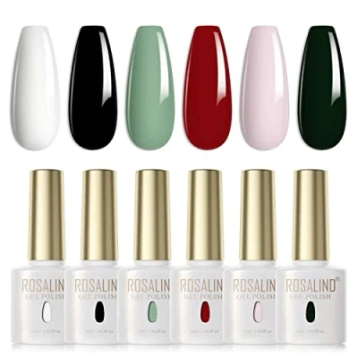 Imagen de ROSALIND Esmaltes Semipermanentes Blanco Negro Verde Claro Rojo Rosa Oscuro 6 Colores Kit Pintauñas Uñas de Gel UV LED en Nail Polish Esmalte