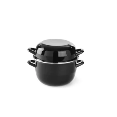 Imagen de HENDI Cazuela con tapa, olla, para cocinar y servir mejillones, salsas, sólo apta cocinas de gas, 1.5 kg, 3 L, diámetro 220x(h)200 mm, acabado esmaltado negro reborde acero inoxidable