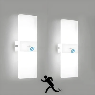 Imagen de Aplique Pared a Pilas Interior LED con Sensor de Movimiento, 2,8w USB Recargable Lámpara sin Cable Interruptor, 2000Mah Batería Acrílico Luz Pasillo, Blanco, 6000K