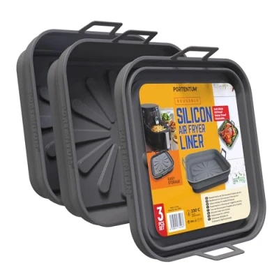 Imagen de PORTENTUM Molde Silicona Freidora de Aire Cuadrados 22,5 cm Set 3 Recipientes Air Fryer Plegables Reutilizables LFGB y BPA Free Accesorios