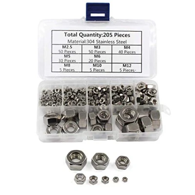 Imagen de Kit surtido de tuercas hexagonales acero inoxidable 304 M2.5/M3/M4/M5/M6/M8/M10/M12 (205 piezas)