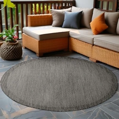 Imagen de Carpetsale24 Alfombra Exterior Interior Resistente a la Intemperie, Impermeable 120 cm Redonda Negro de Cocina Tejido Plano, Unicolor Alfombras para Balcón, Terraza y Jardín