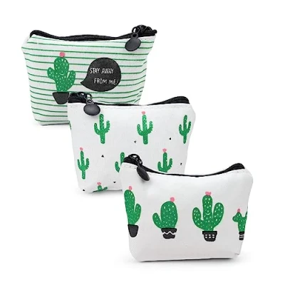 Imagen de 3 Piezas Monedero Pequeño Fresco, PARFCO Mini de Lona con Patrón Cactus, Lindo Cremallera para Llaves, Dinero, Tarjetas