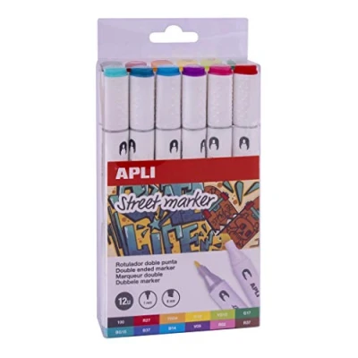 Imagen de APLI 18432 Pack de 12 rotuladores Street Marker doble punta (redonda 1 mm y biselada 6 mm) colores surtidos