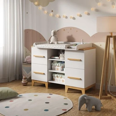 Imagen de VitaliSpa Cómoda Cambiador Malia, Blanco/Roble, 133 x 98 cm XL con 4 cajones