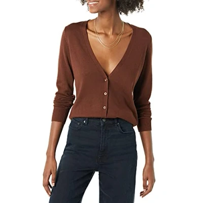 Imagen de Amazon Essentials Jersey Ligero con Cuello de Pico (Disponible en Tallas Grandes) Mujer, Marrón, L