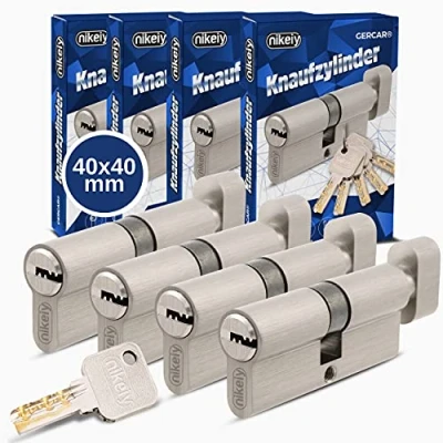 Imagen de GERCAR Pro Juego de 4 cerraduras cilíndricas latón niquelado mate 40/40 4x cilindro cerradura/cerradura barril 80 mm con botón para puerta 10 llaves Longitud: mm, A: 40 B: