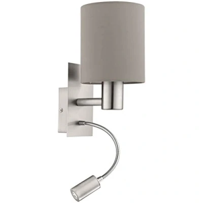 Imagen de Eglo lámpara led de pared Pasteri, textil 2 focos, materiaL acero, tela, color níquel mate, topo, portalámparas E27, incl interruptor y luz lectura ajustable