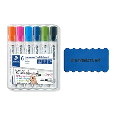 Imagen de Staedtler Rotulador Lumocolor, ancho de línea 2,00 mm, secado rápido, sin olores, larga duración, punta bloqueada, 6 rotuladores para pizarra blanca en caja (6 + borradores)