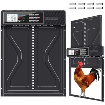 Imagen de PlayDen Tapa automática para pollos, batería eléctrica de aluminio con pantalla grande resistente al agua, temporizador, manual, puerta pollo, protección inteligente contra
