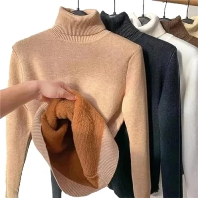 Imagen de JOCCOS Camisa de punto grueso forro polar para invierno, suéter cuello alto casual mujer, fondo delgado térmico suave, caqui, S (40/48 kg)