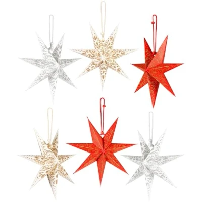 Imagen de BRUBAKER 6 Estrellas de Papel Navidad Set Decoración Adviento Árbol Grande Plegables 20 cm Rojo Blanco