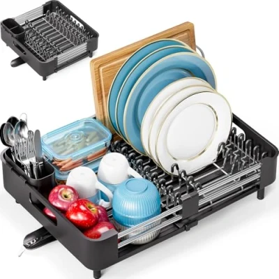 Imagen de KINGRACK Escurridor de Platos Extensible Acero Inoxidable Plegable con Soporte para Cubiertos extraíble y Estante antiarañazos, Rejilla Ajustable secar Boquilla, Negro