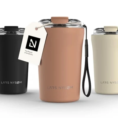 Imagen de LARS NYSØM Taza térmica Café para llevar con correa y Tapa Tritan Termo de 0,38 litros aislante Travel mug acero inoxidable a prueba fugas (Blush Rose, 380ml)