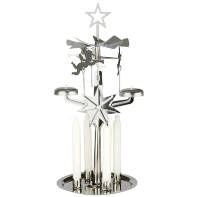 Imagen de BRUBAKER Carillón de Metal Carrusel Portavelas con Ángeles Incl. 4 Velas Pirámide Mesa Giratoria para Navidad Plateada