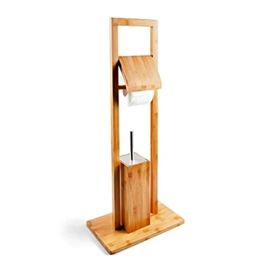 Imagen de Relaxdays Juego Escobillero y Portarrollos Baño, de Bambú, 82x36x21 cm, Portaescobillas Pie, Soporte Papel WC, Marrón, Acero Inoxidable, 82 x 21 36 cm