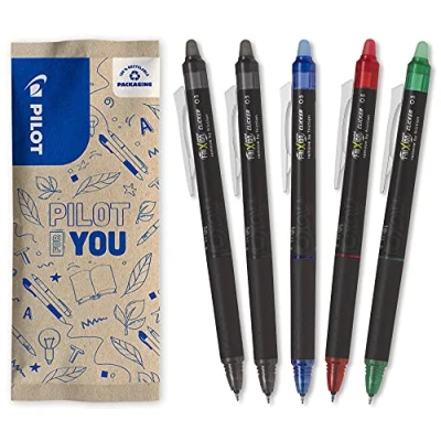 Imagen de PILOT FriXion Point Clicker 0,5, bolígrafo retráctil de tinta termosensible borrable, recargable, punta fina, lote 5 unidades: 2 negros, azul, rojo, verde