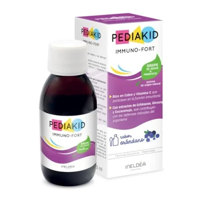 Imagen de PEDIAKID Immuno Fort Complemento alimenticio Fórmula Exclusiva a base de Sirope Agave Ayuda Reforzar las Defensas Naturales del Organismo Sabor Arándano Botella 125 ml