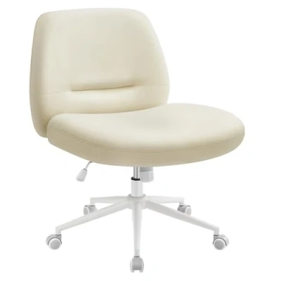 Imagen de SONGMICS HOME Silla de Oficina, Estilo Contemporáneo con Base Estrella, Asiento Ancho y Cómodo, Altura Ajustable, Giratoria, Tela Lino Algodón, Blanco Crema OBG047W01