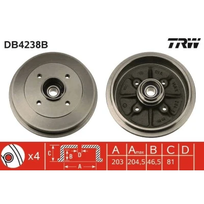 Imagen de TRW DB4238B Tambor de Freno con apoyo, sin anillo sensor ABS CITROËN: Xsara Hatchback, ZX Coupé, PEUGEOT: 306 Berlina