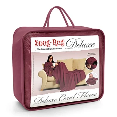 Imagen de Snug Rug Rojo Morera Deluxe Batamanta Bata Manta de TV para Sala Estar Sofá Mujer Hombre Invierno Suave y Acogedor con Mangas Bolsillo Frontal Coral Forro Polar Mulberry Red