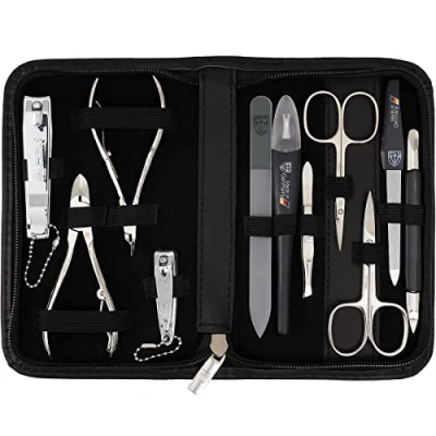 Imagen de DREI SCHWERTER Germany Spezia Juego de manicura (11 piezas, estuche piel auténtica), color negro Contenido: tijeras para cutículas, uñas, cortaúñas, pinzas la