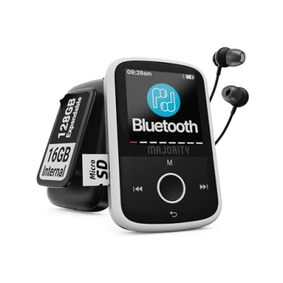 Imagen de Reproductor MP3 Bluetooth con Clip Deportivo Auriculares Cable iIcluidos Memoria Interna de 16 GB, Ampliable hasta 128 GB Batería 34 Horas Duración SD y USB C MAJORITY GO