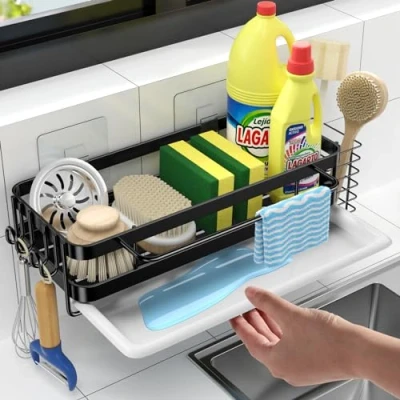 Imagen de GBLVAM Soporte Estropajo Fregadero,Soporte de Esponja con Bandeja Goteo Extraíble,Organizador Fregadero Cocina,Organizador Acero Inoxidable toallero y Gancho,Negro