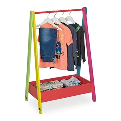 Imagen de Relaxdays Perchero Burro Infantil, Colgador de Ropa para Niños, con Balda, 99 x 64,5 42 cm, Colores Pastel, Multicolor, Tablero Fibras