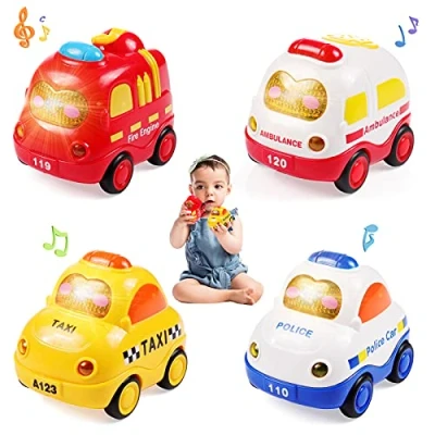 Imagen de WolinTek 4PCS Coches De Juguete con Luces y Sonidos para niños,uguetes Coche accionados por fricción inercia,Camiones Regalos bebés,Early Educational Vehicles