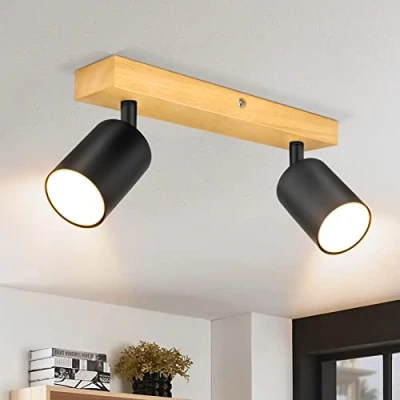 Imagen de Ketom GU10 Lámpara de Techo con 2 Focos, Madera Focos Orientables, Negro Apliques Interior, Modernas para el Salon, Dormitorio, Cocina, Comedor, Sin Bombilla