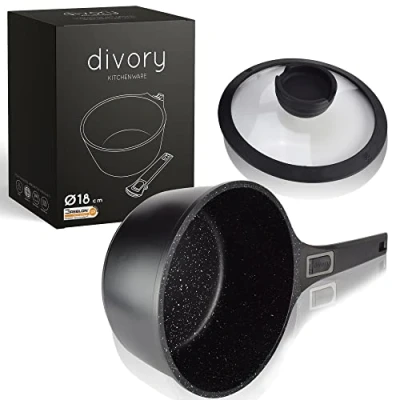 Imagen de DIVORY Casserole 18cm 2L avec couvercle petit pot à lait enduit, poignée amovible, compatible l&#039;induction, le lave vaisselle et four