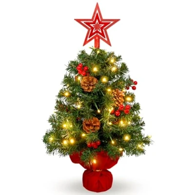 Imagen de Uten Arbol de Navidad, 60 cm Mini Árbol con 50 Luces LED, Estrellas, 6 Grupo Bayas Rojas y Piñas, para Oficina, Salón, Alféizar Ventana, Escritorio Decoración Navideña