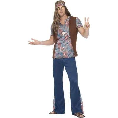 Imagen de Smiffys Disfraz de chico hippy, Multicolor, con parte arriba, pantalón, pañuelo para el cuello y medallón